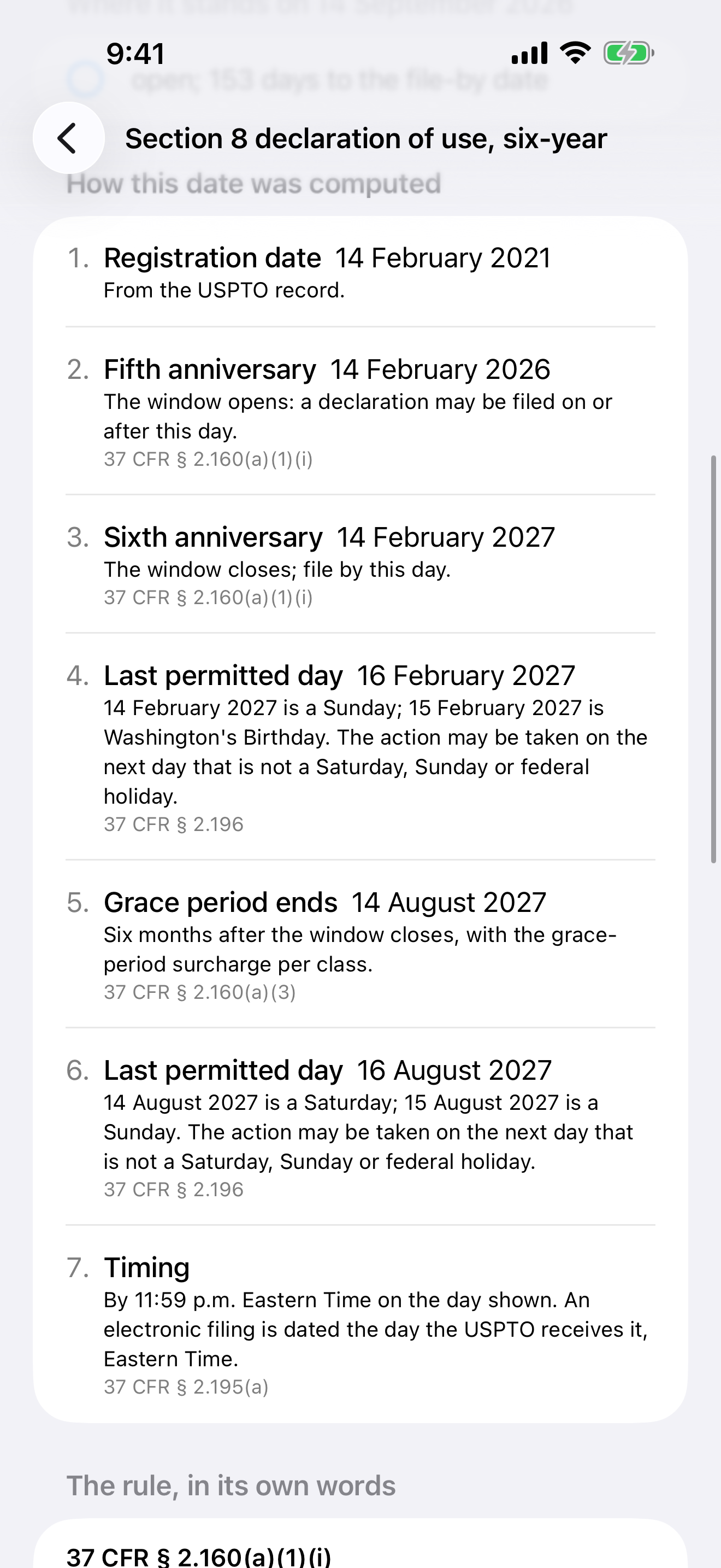 Trademark Almanac showing the starting date, calculation steps and rule for a deadline in its fictional example portfolio
